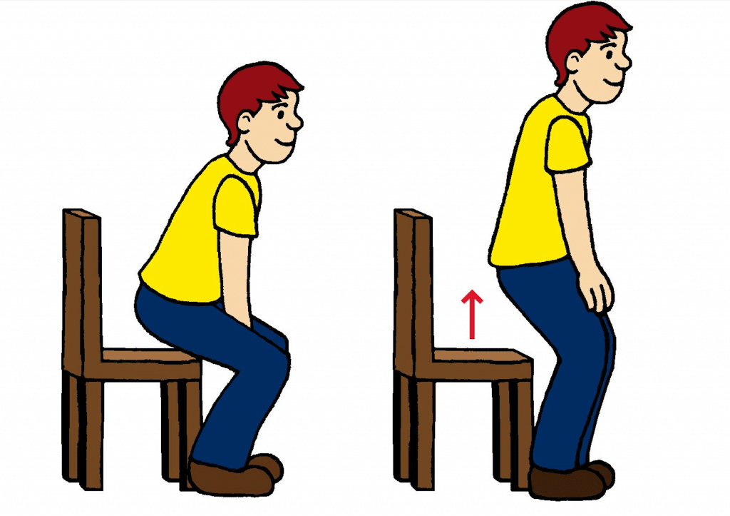 Drawing of a person sitting down and up on a chair.